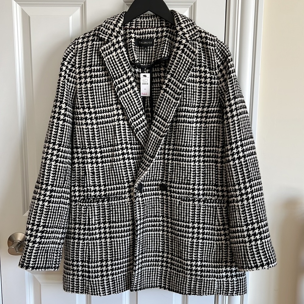 TALBOTS Black White Wool Houndstooth Geometry Print JACKET